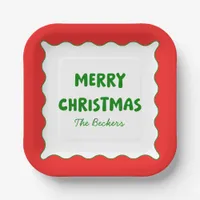 Retro Bold Wavy Green & Red Custom Merry Christmas Paper Plates