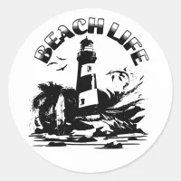 Black and White Lighthouse Beach Life Classic Round Sticker