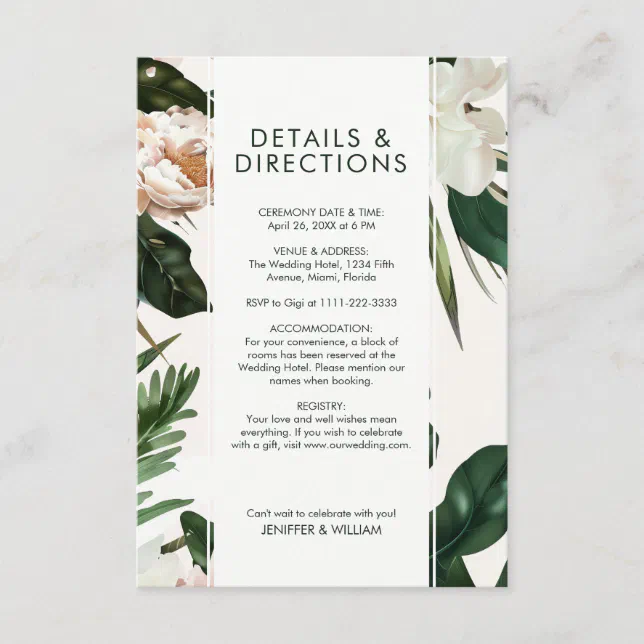 Peach White Peonies & Green Leaves Floral Wedding Enclosure Card