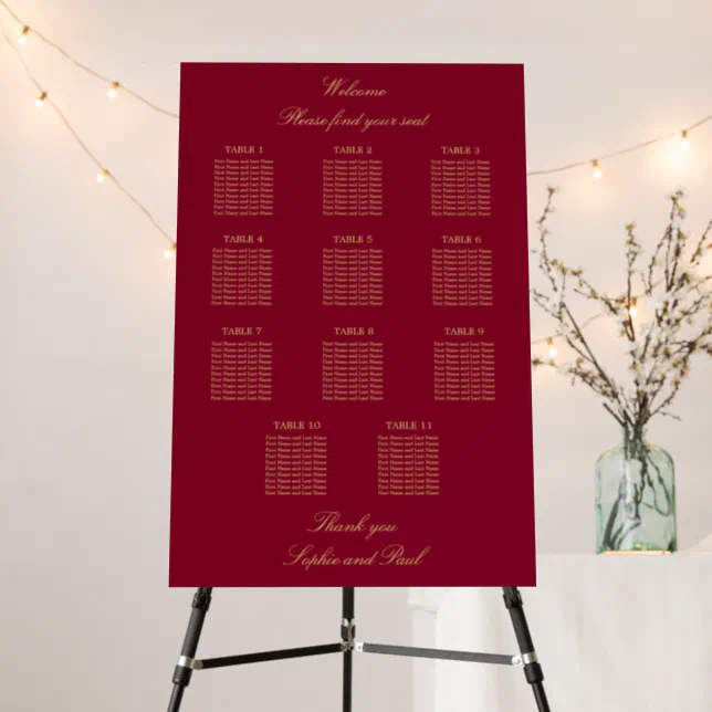 Burgundy Gold 11 Table Seating Chart Foam Board