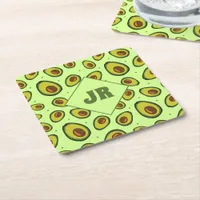 Light Green and Olive Avocado Fruit Patterned Square Paper Coaster