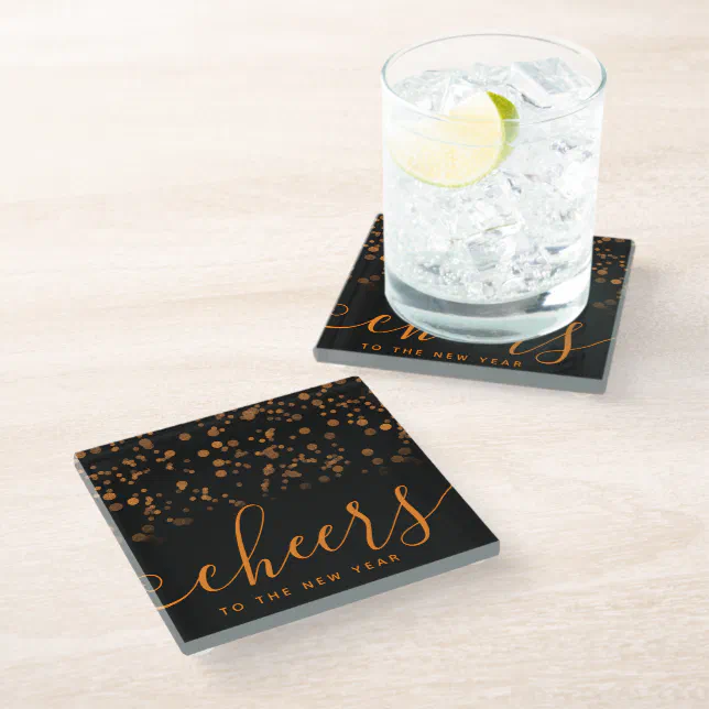 Handwritten Cheers to the New Year Copper Confetti Glass Coaster