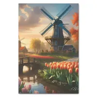 Windmill in Dutch Countryside by River with Tulips Tissue Paper