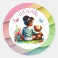 Baby Girl and her Teddy Bear | It's a Girl Classic Round Sticker
