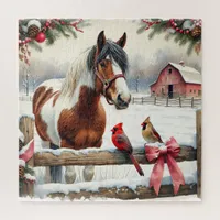 Spotted Pinto Horse and Cardinals Christmas Jigsaw Puzzle