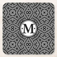 Geometric Pattern Monogram Black and White ID149 Square Paper Coaster