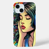 Girl Listening to Music on Headphones Psychedelic iPhone 15 Case