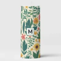 Pretty Monogrammed Floral Garden Plants Flowers Pillar Candle