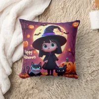 Cute little witch with cats and pumpkins, custom  throw pillow