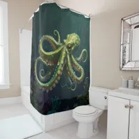 Vibrant Green Octopus Underwater Sea Life bathroom Shower Curtain