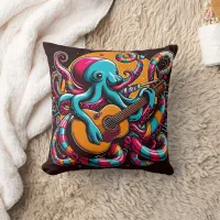 Colorful Octopus Playing Guitar in Vibrant Style Throw Pillow