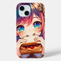 Cute Anime Girl eating a Peanut Butter and Jelly iPhone 15 Case