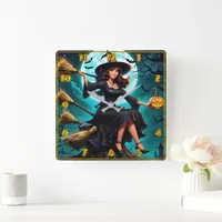 A charming witch with a pumpkin at twilight square wall clock