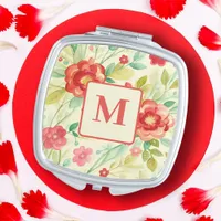 Vintage Watercolor Pretty Floral Red Monogram Compact Mirror