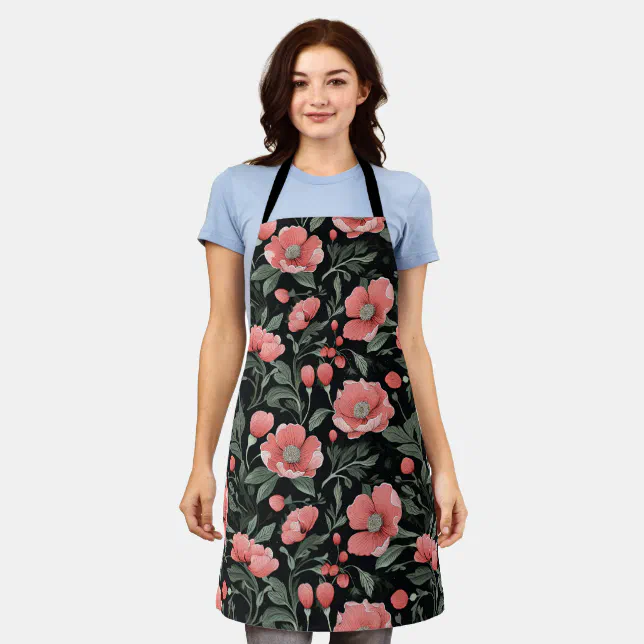 Floral Pattern Green Oak Leaves and Pink Flowers  Apron