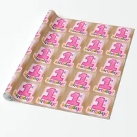 Pink 1st Birthday Tag on Door Wrapping Paper