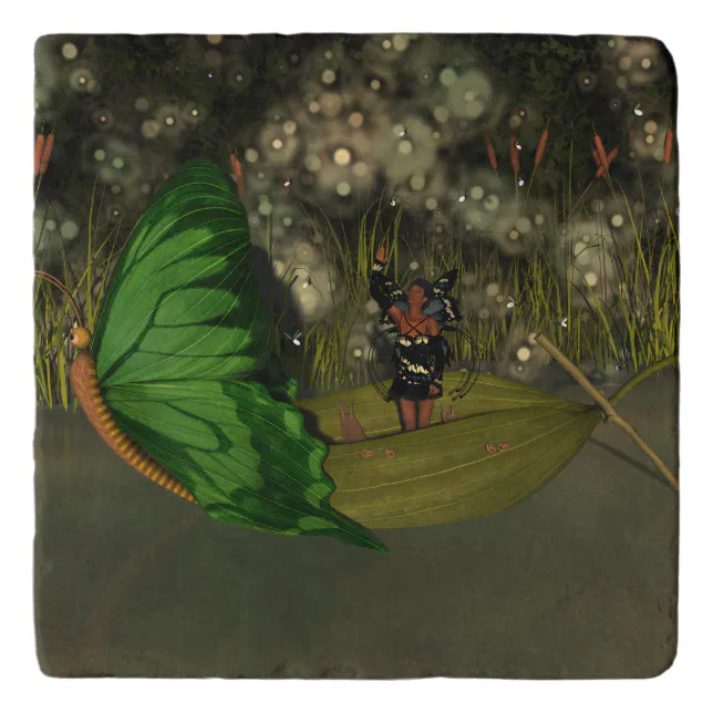 Cute Fairy in Boat with Fireflies Trivet