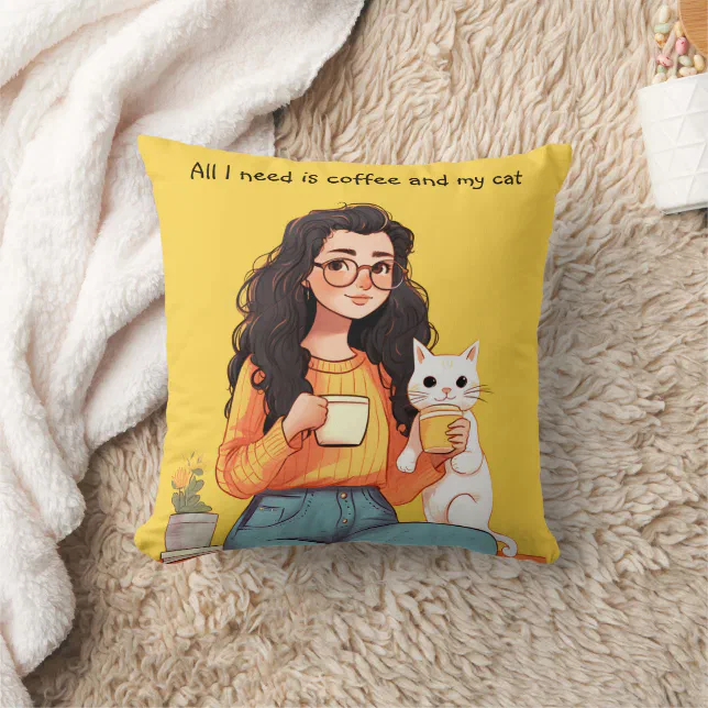 Happiness is Coffee & Cat Cute Yellow Throw Pillow