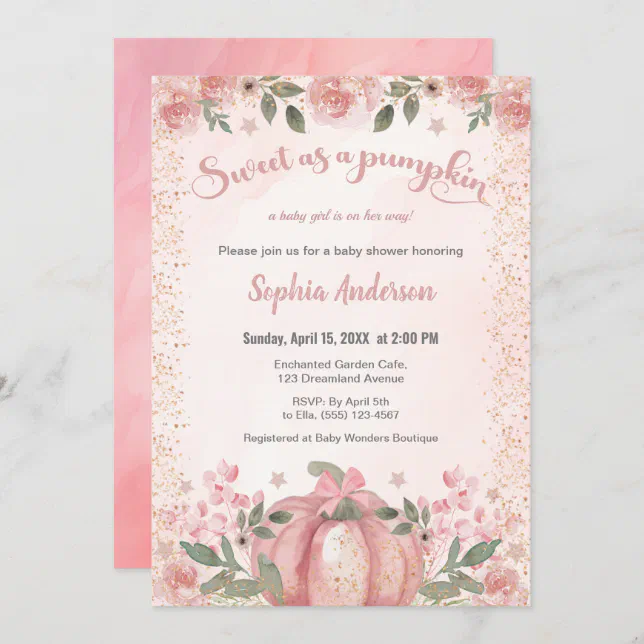 Sweet As A Pumpkin Pink Floral Girl Baby Shower Invitation