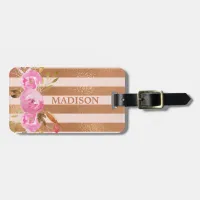 Rose Gold Striped Monogram Name Floral Luggage Tag