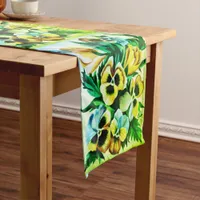 Exotic Watercolor Green Pansies Short Table Runner