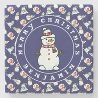 Christmas Snowman Pattern Blue Name Marble Stone Coaster