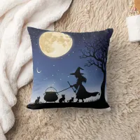 Witch brewing potions under a full moon at night throw pillow