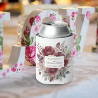 Burgundy Floral Watercolor Bride and Groom Wedding Can Cooler