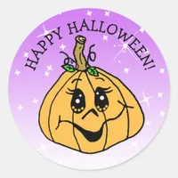 Happy Halloween Cute Whimscical Pumpkin Purple Classic Round Sticker