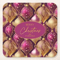 Magenta Gold Christmas Pattern#12 ID1009 Square Paper Coaster