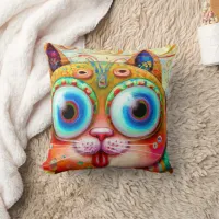Colorful Fantasy Cat sticking out its Tongue Throw Pillow