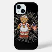 Vintage Nurse Bear with Modern White Fireworks iPhone 15 Case