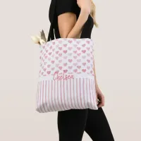 Blush Pink Watercolor Hearts and Stripes Pattern Tote Bag