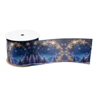 Magical Christmas time - golden snowflakes on blue Satin Ribbon