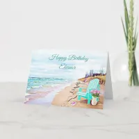 Seaside Beach Scene Teal Chair  Flowers Birthday Card