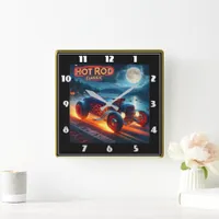 A classic hot rod cruising under the moonlit sky square wall clock