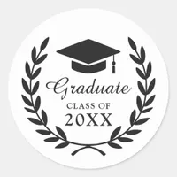 Modern Minimal Class Year Laurel Wreath Grad Party Classic Round Sticker