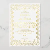 Scalloped Mexico Papel Picado Floral White Wedding Foil Invitation