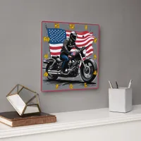 Rider cruising with pride under the American flag Square Wall Clock