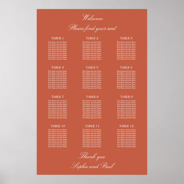 Terracotta 12 Table Wedding Seating Chart Poster