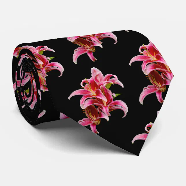 Elegant Floral Pink Stargazer Oriental Lilies Neck Tie