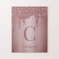 Girly Rose Gold Sparkle Glitter Drips Monogram Jigsaw Puzzle