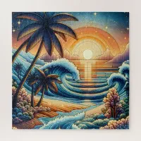 Mosaic Ai Art | Ocean Sunset and Palm Trees Jigsaw Puzzle
