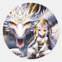 Anime Girl Warrior and Dragon Ai Art Classic Round Sticker