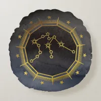 Dark Zodiac Astrology: Aquarius Black & Gold Round Pillow