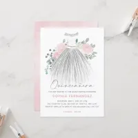 Blush Silver glitter Floral Dress Quincea&#241;era Invitation