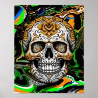 Halloween or D&#237;a de Muertos Sugar Skull Fluid Art Poster