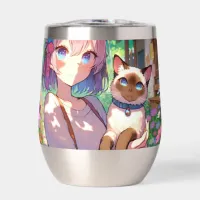 Anime Girl and Siamese Cat Personalized Thermal Wine Tumbler