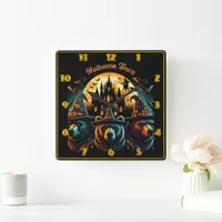 Bears celebrate Halloween under a spooky sky Square Wall Clock