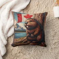 Beaver Sitting by Lake With Canadian Flag Throw Pillow